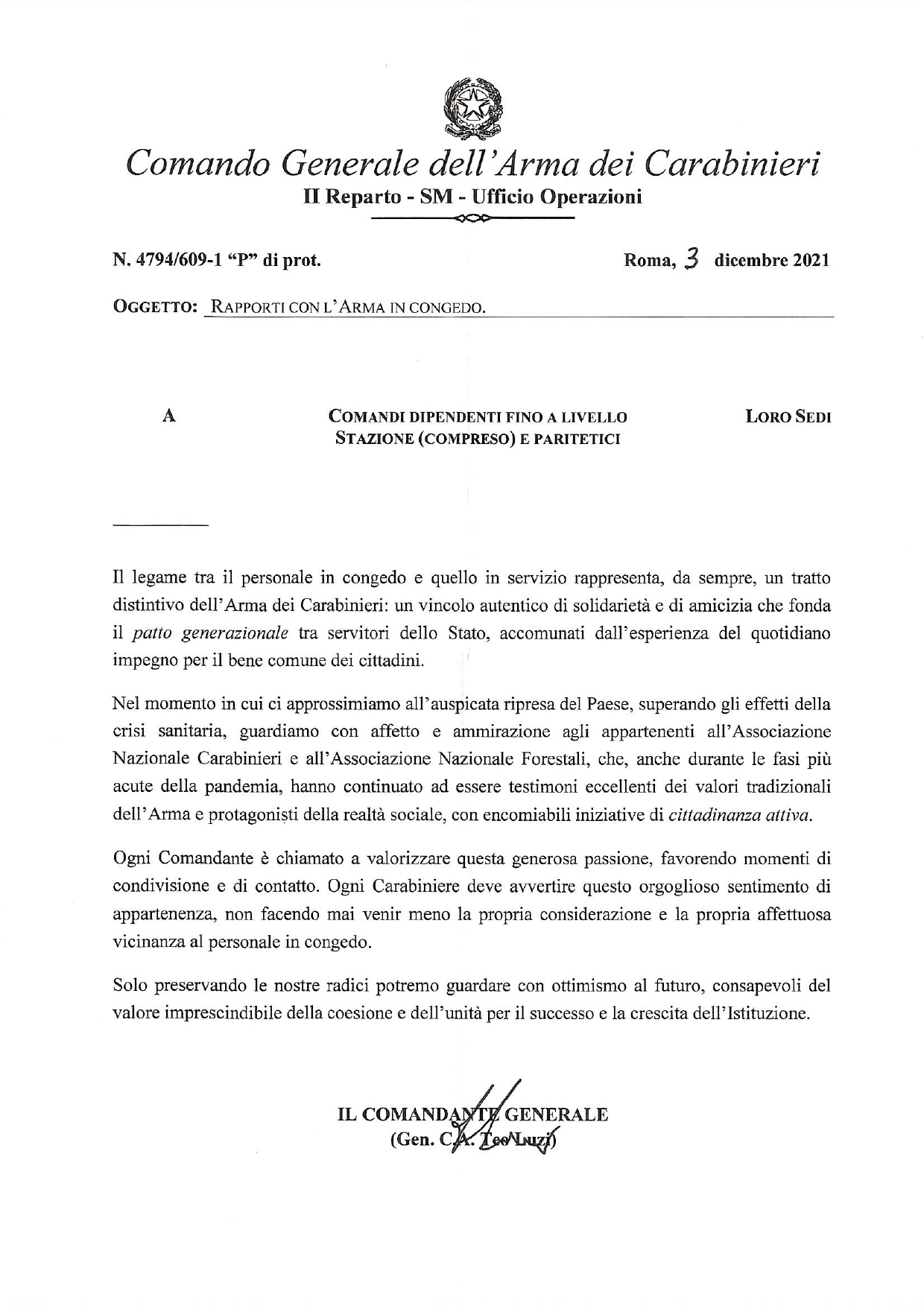 474 609-1-2 Carabinieri e rapporti con Arma in congedo